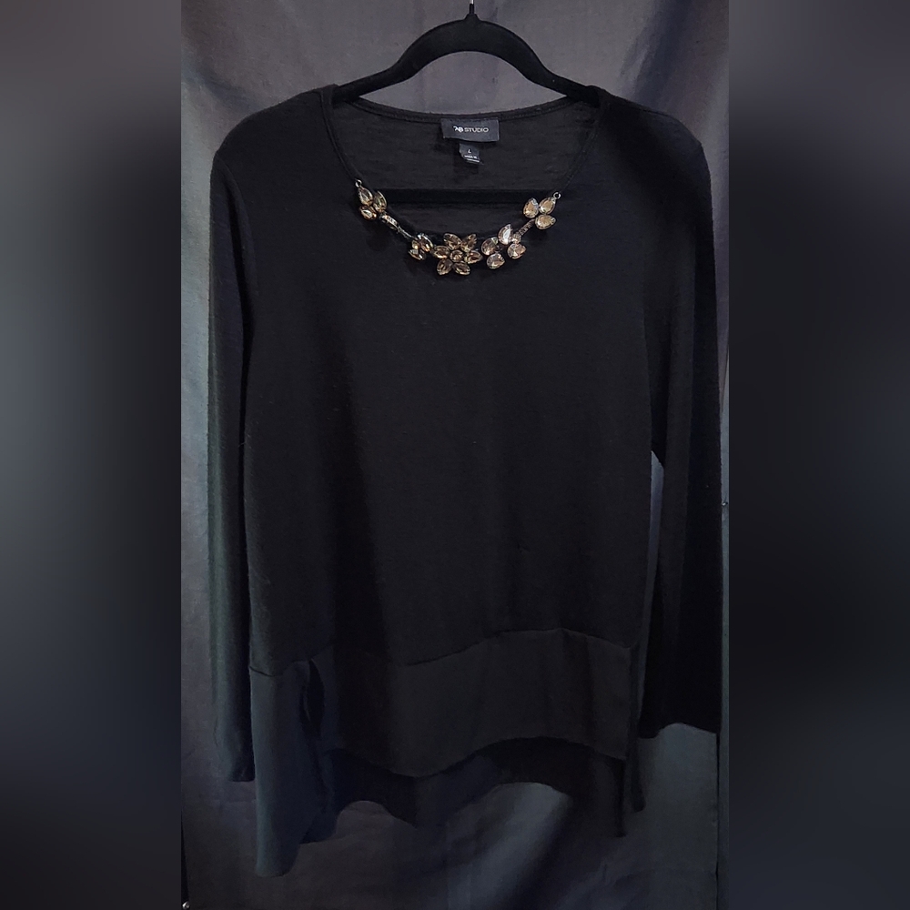 AB Studio Black Top with Embellished Neckline